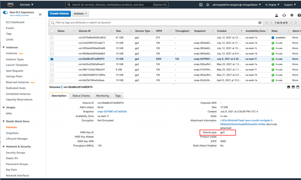 In the recently remediated volume, under its description, the volume type now reads "gp3".