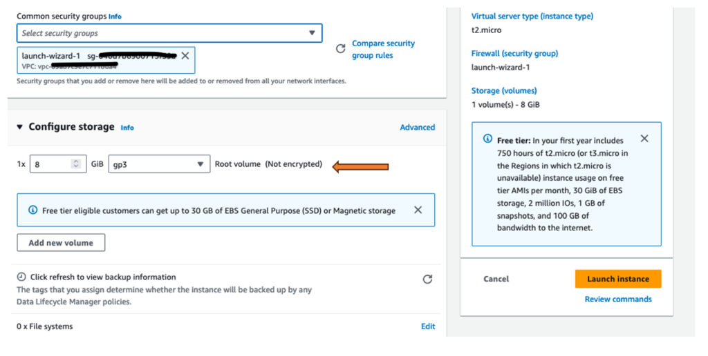 Figure demonstrates the step to provision an EC2 instance with Unencrypted EBS Volume as a part of validation of the custodian policy which is provisioned Service Catalog product