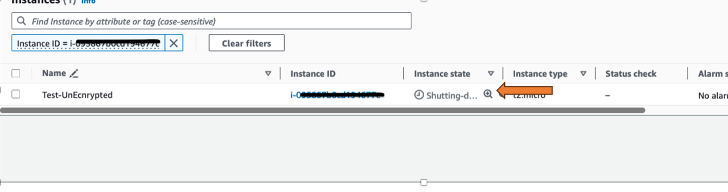 Figure shows the termination of an EC2 instance which was provisioned with Unencrypted EBS Volume by the lambda function provisioned as part of the custodian policy 