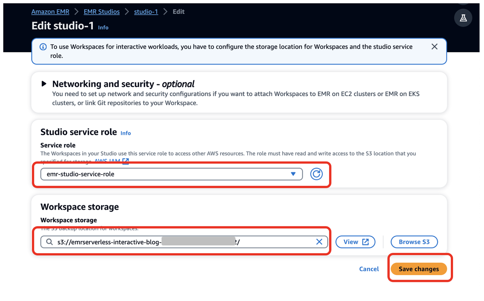 Choose emr-studio-service-role and emrserverless-interactive-blog s3 bucket