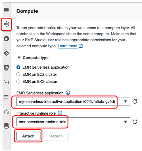 Choose my-serverless-interactive-application as your app and emr-serverless-runtime-role and attach