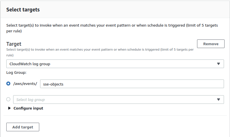 The Select targets section should look like this in the EventBridge page when adding a CloudWatch log group as the target