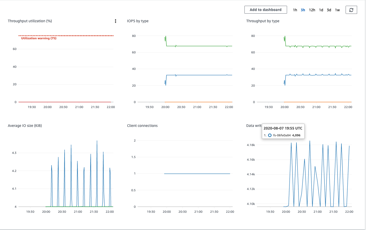 A look into the Amazon EFS file system metrics shows the write activity from the application.