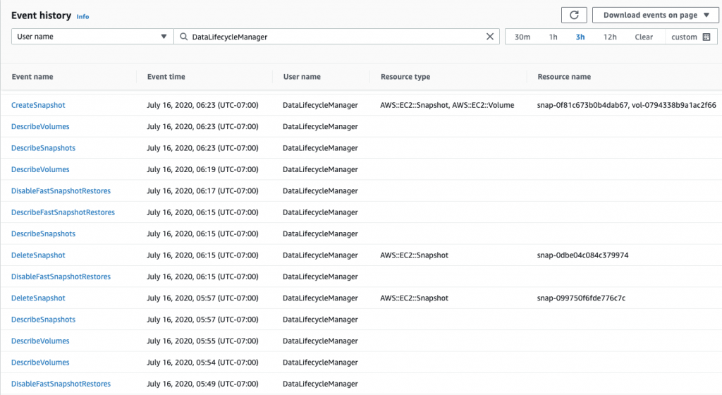 Amazon DLM emits EBS snapshot lifecycle events to the AWS CloudTrail console on the Event history page