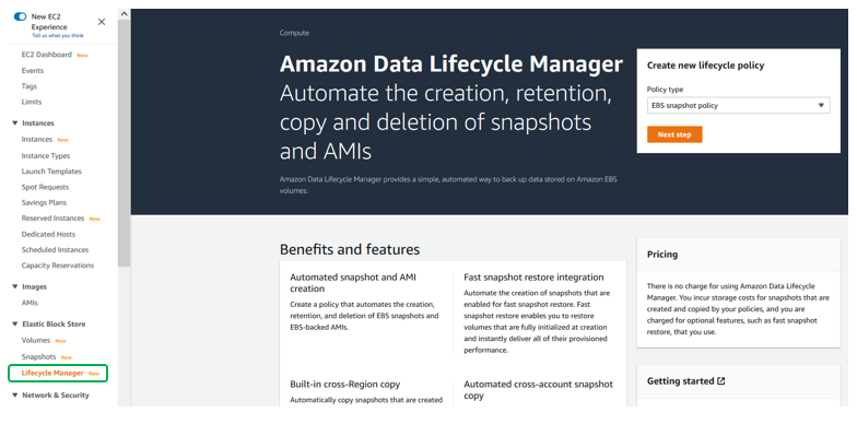 Amazon EC2 console, choose DLM located in the left side panel under Elastic Block Store, then Create Lifecycle Policy