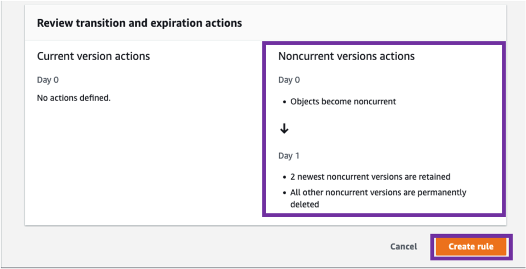 Since we specified only the noncurrent versions rule, the Noncurrent versions actions box on the right of the screen is the section we need to check.