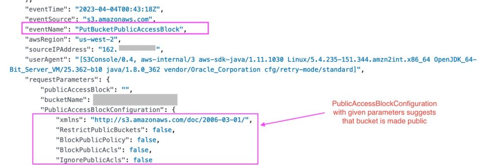 The following screenshot illustrates a public S3 bucket event in CloudTrail