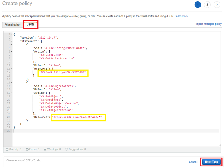 use the Policy template and paste it into the JSON editor