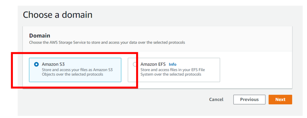 AWS Transfer Family choosing domain