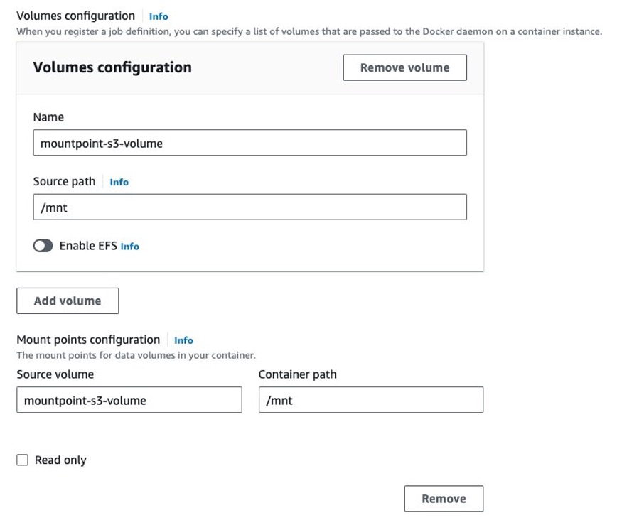 This image shows how to add a volume configuration to the AWS Batch job definition through AWS Console. After this, the containerized applications can access the mounted Amazon S3 bucket’s content in /mnt.