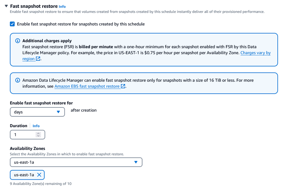 Screenshot shows enabling Fast Snapshot Restore