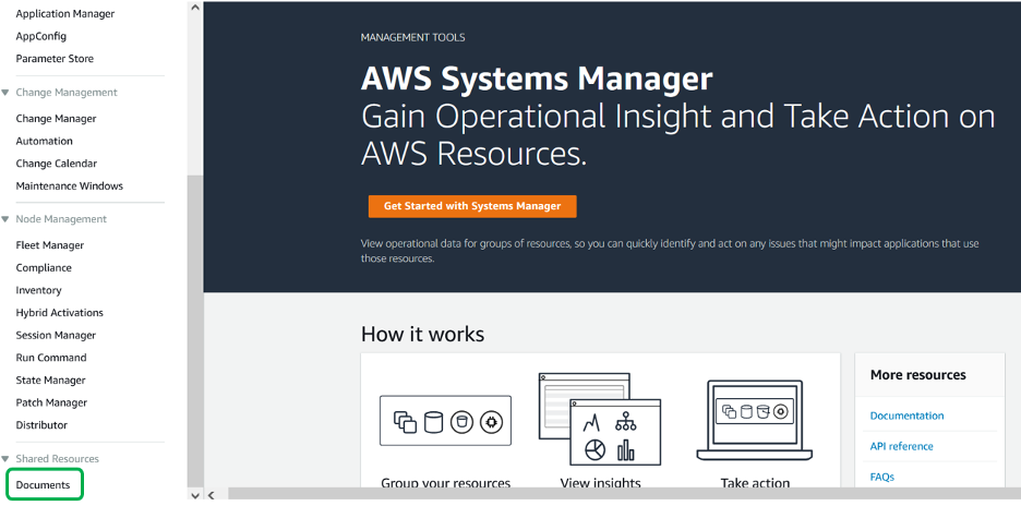 Screenshot showing Systems Manager console