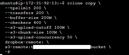 Figure 10.1: Rclone copy command with the flags to copy the data from Dropbox to the S3 bucket