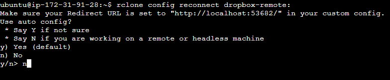 Figure 3: Configuring rclone to connect to Dropbox remote