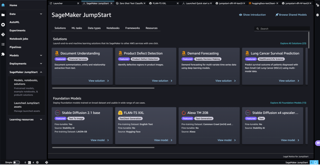 Amazon SageMaker JumpStart landing page