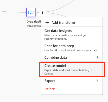 The screenshot shows how a model is created from the data flow in SageMaker Data Wrangler. Create model option is highlighted on the final data flow step.