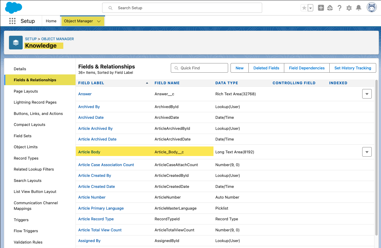 Salesforce Object manager fields and relationships