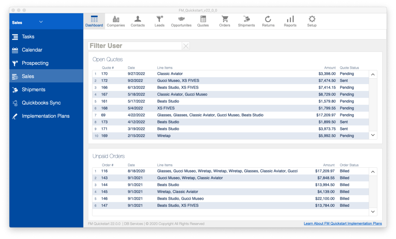 FM Quickstart dashboard screenshot.