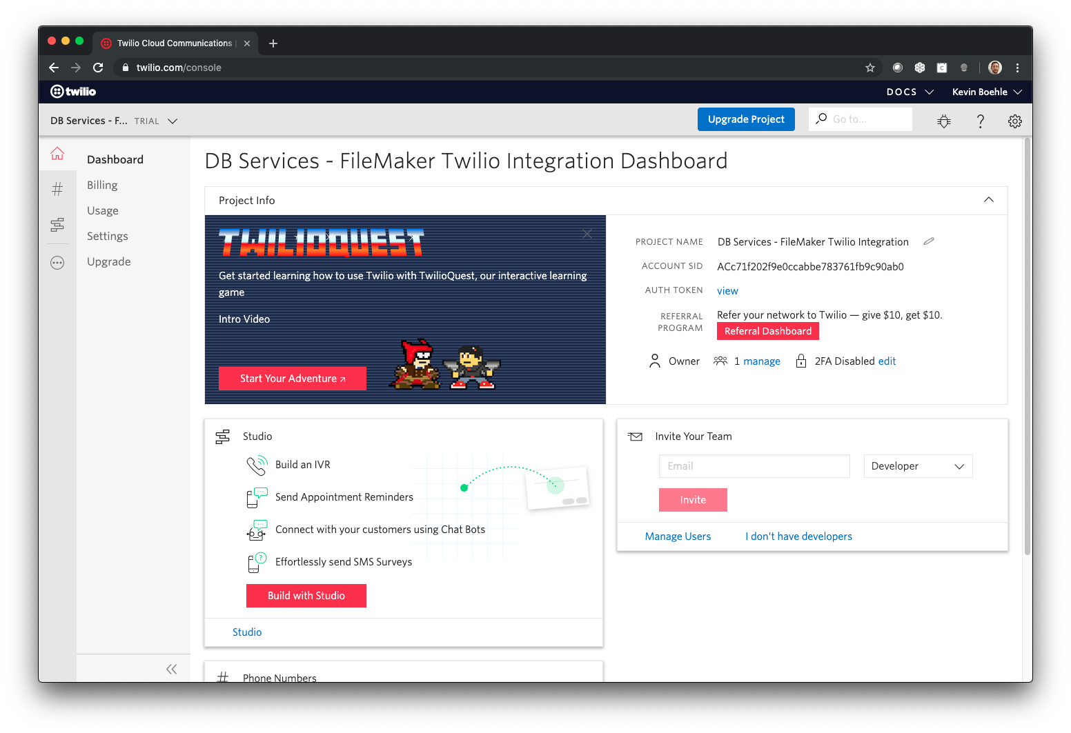 FileMaker Twilio Console Dashboard