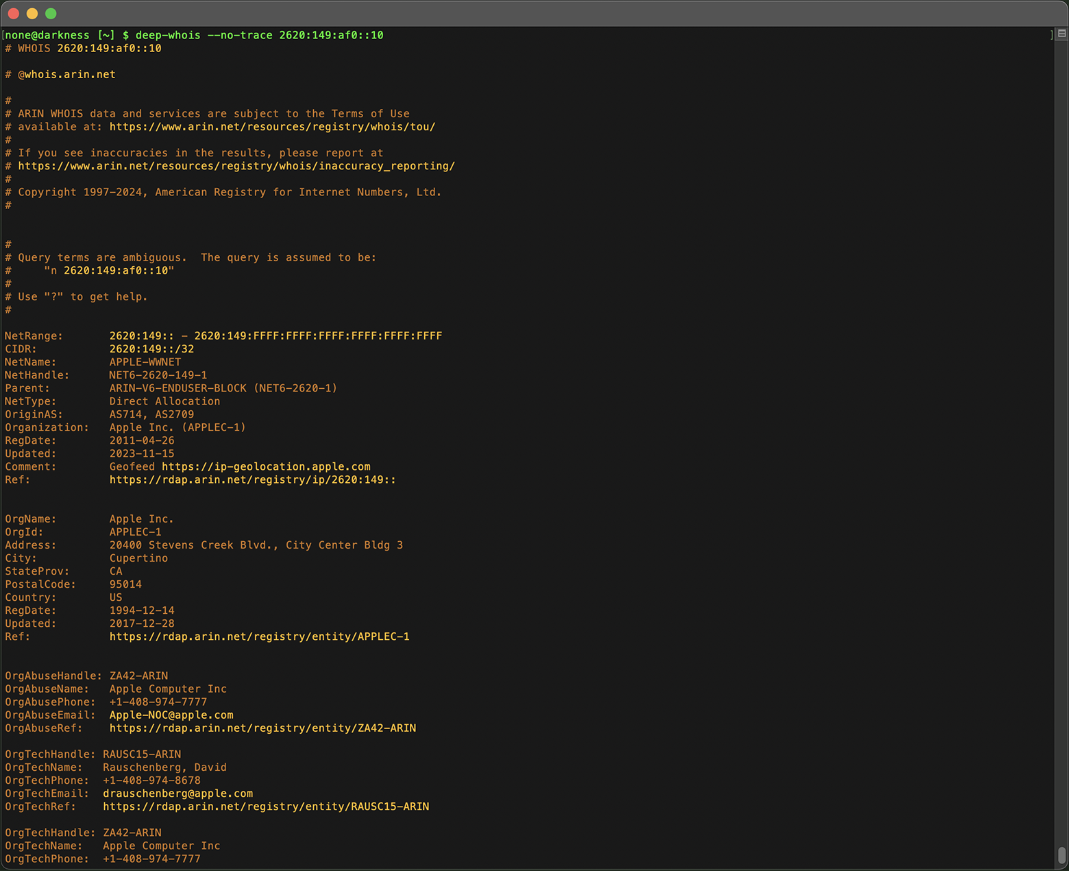 IP Address Whois Lookup in Terminal: Data for IPv6 (G) without Trace