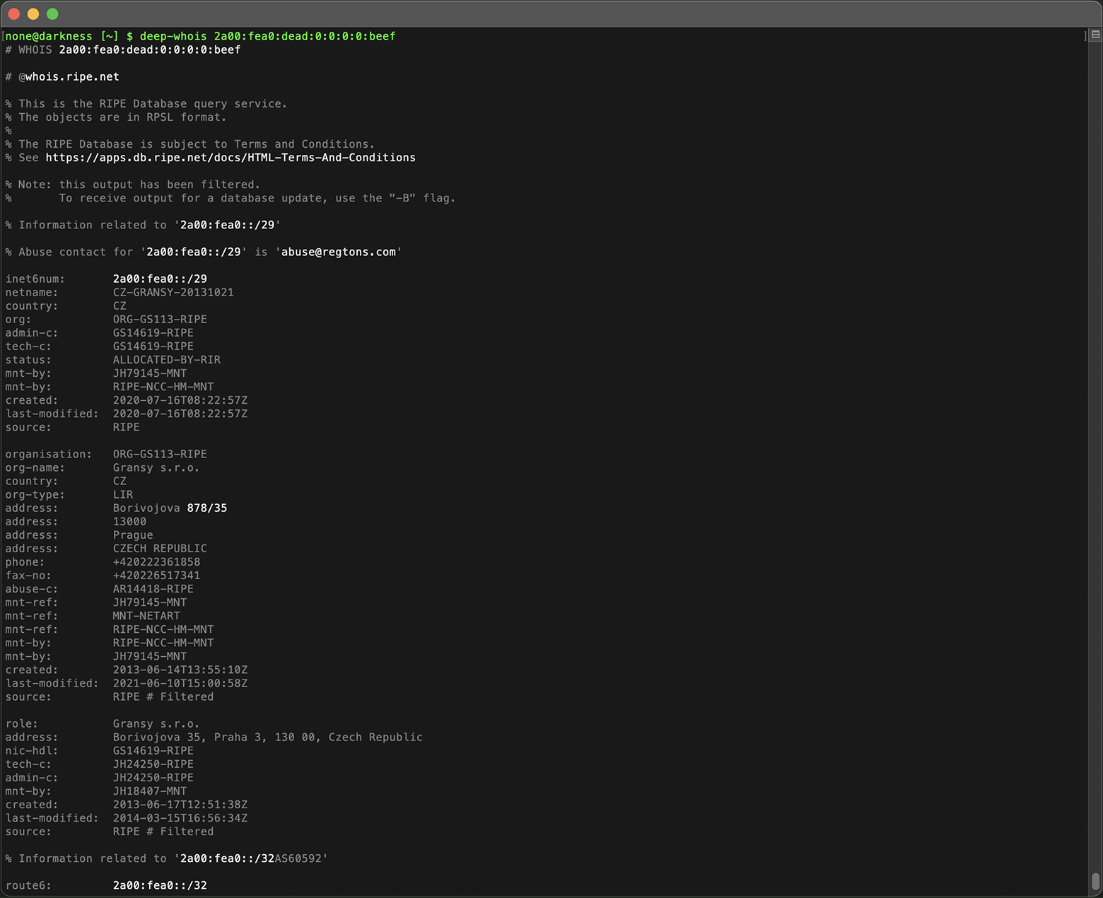 IP Address Whois Lookup in Terminal: Data for IPv6