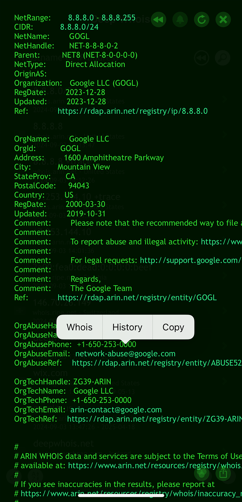 IP Address Whois Lookup on iOS: Contacts for IPv4 (G)