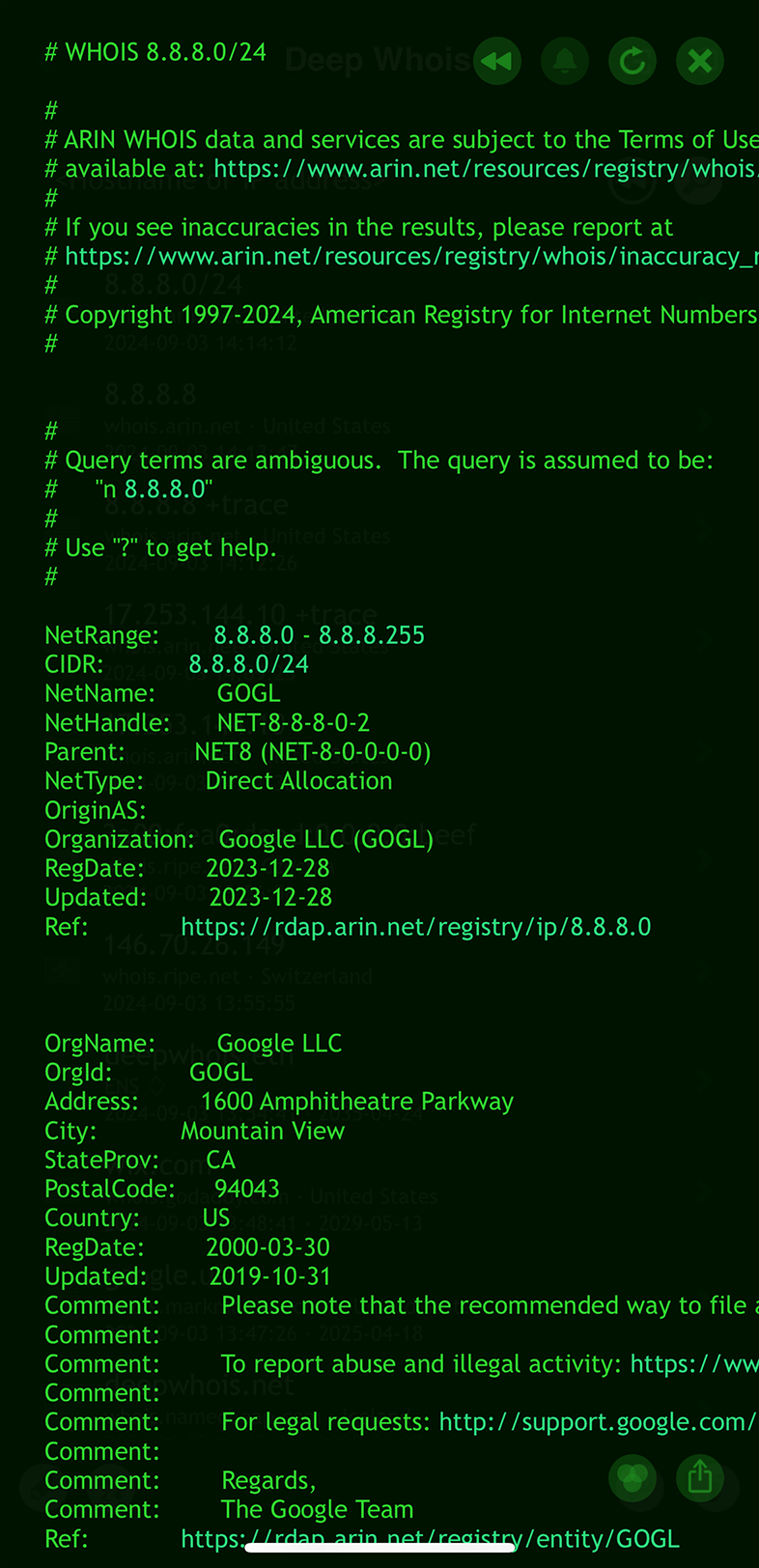 IP Address Whois Lookup on iOS: Data for IPv4 (G) Network