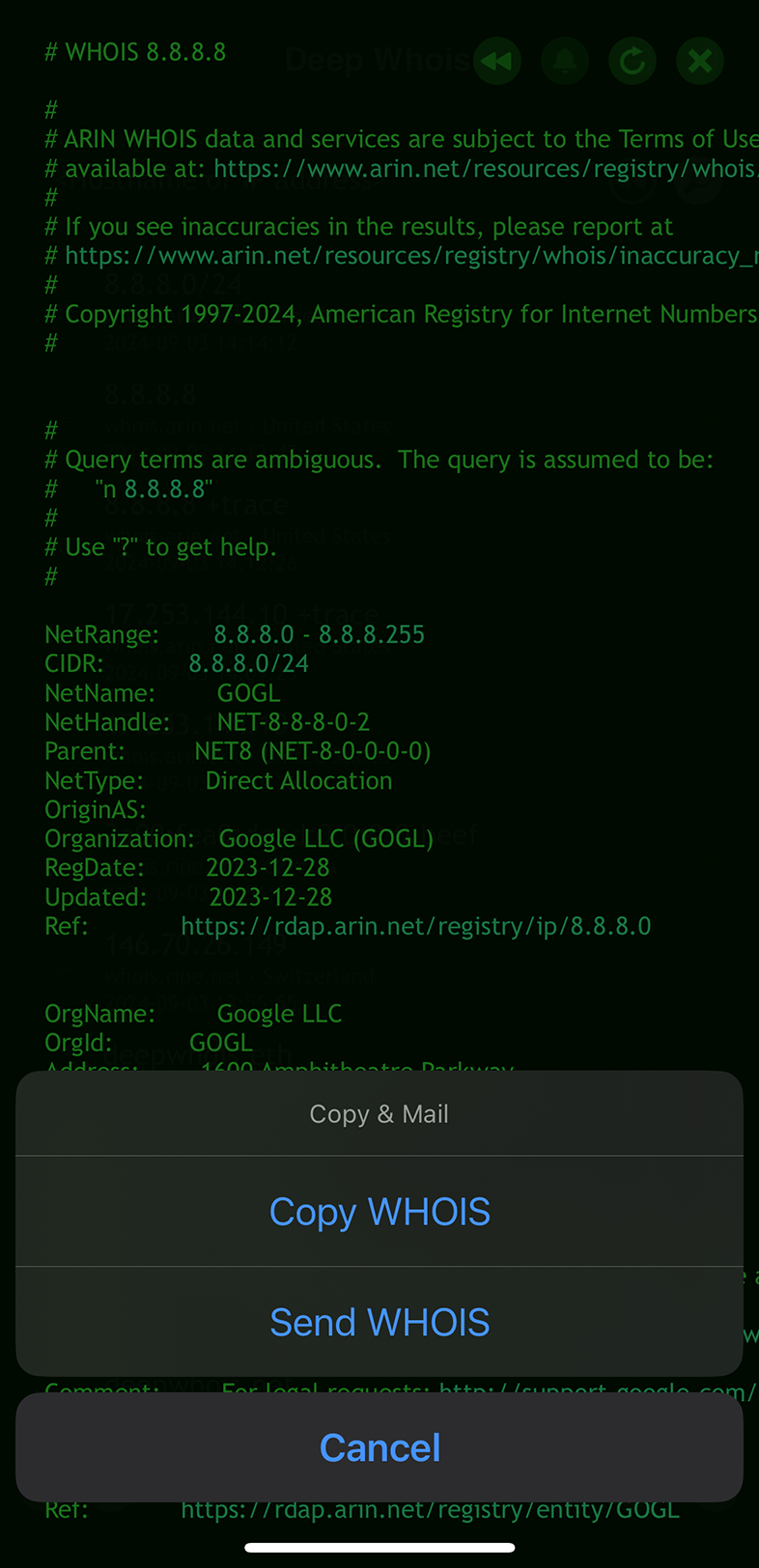 IP Address Whois Lookup on iOS: for IPv4 (G) (export)