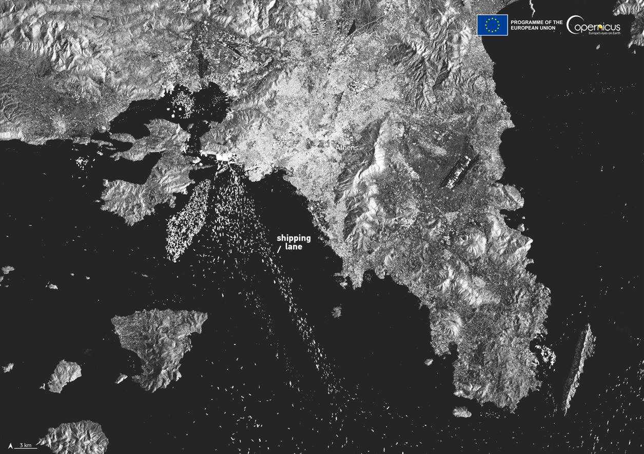 Thousands of white dots representing ships near the port of Athens at the time of acquisition, as well as their routes forming distinct shipping lanes in the Aegean Sea. Credit: European Union, Copernicus Sentinel-1 data 