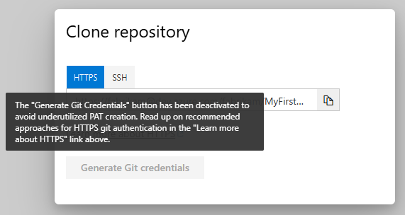 Generate Git Credentials button greyed out on Clone Repository modal in Wikis