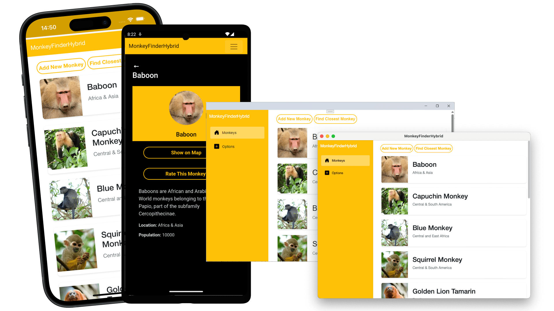 The Monkey Finder Hybrid app running on iOS, Android, Windows and macOS