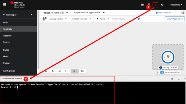 The OpenShift web console can display a terminal window that enables direct interaction with the underlying Kubernetes cluster in the OpenShift instance