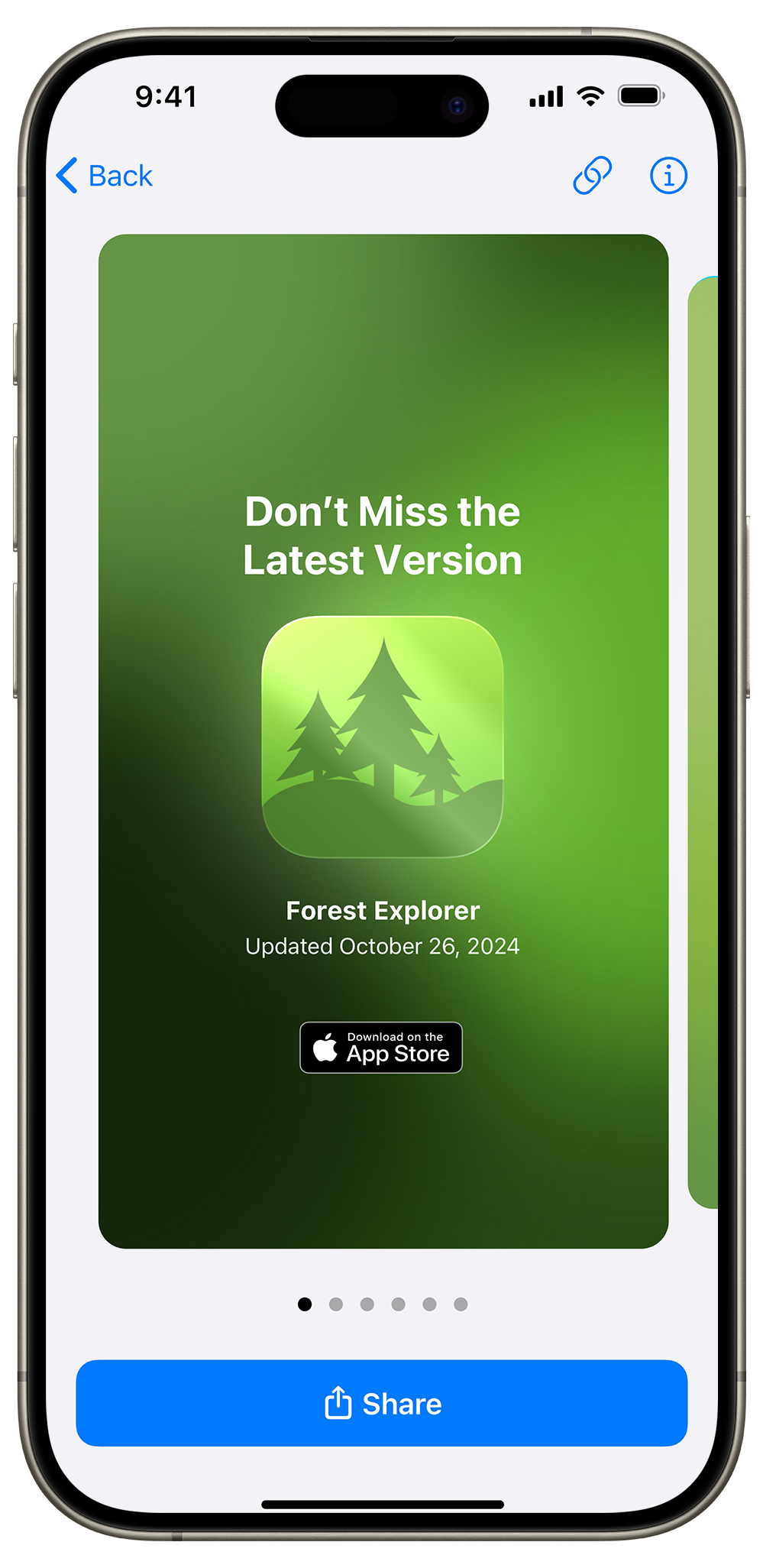 An example of a visual asset that can be shared on social media. The example asset is for the Forest Explorer app and includes the text “Don’t Miss the Latest Version,” the Forest Explorer icon, and a “Download on the App Store” badge.