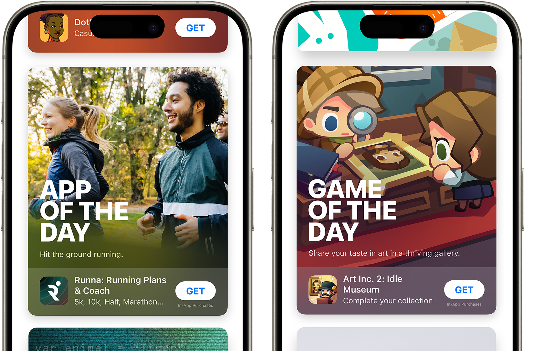 Two iPhones, one showing an example of App of the Day, the other showing an example of Game of the Day on the App Store.