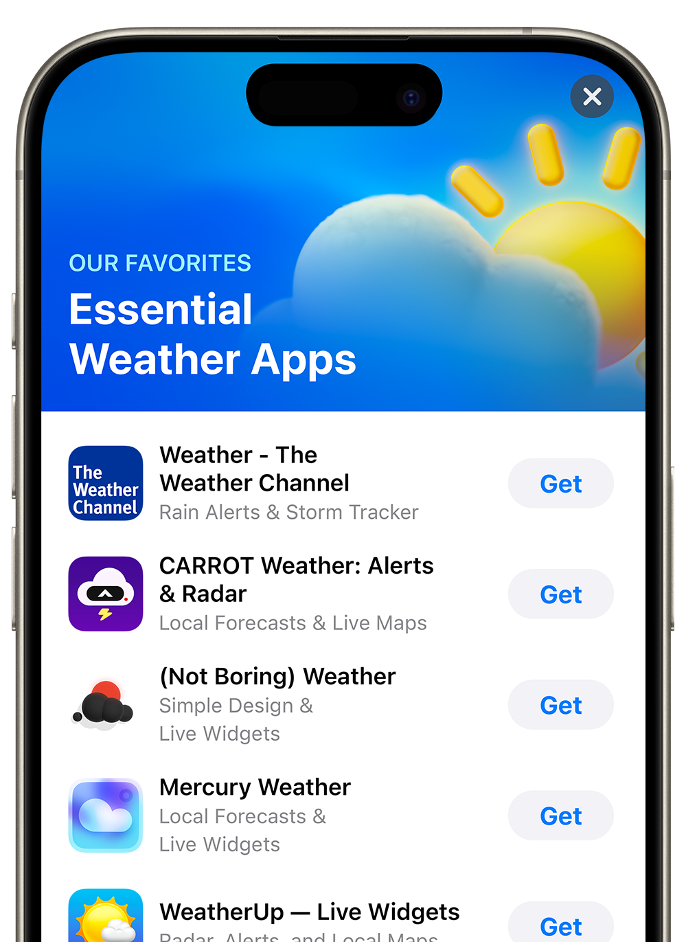 An iPhone that shows an example of a list on the App Store. The name of the list is Essential Weather Apps.