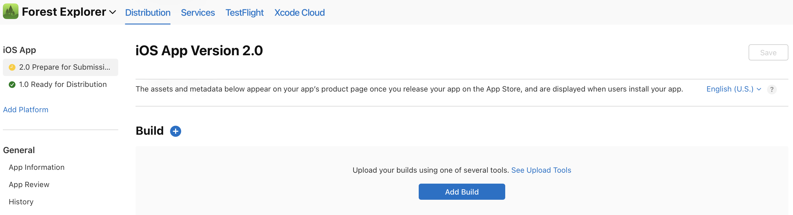 The build section on the iOS platform detail page has an "Add Build" button.