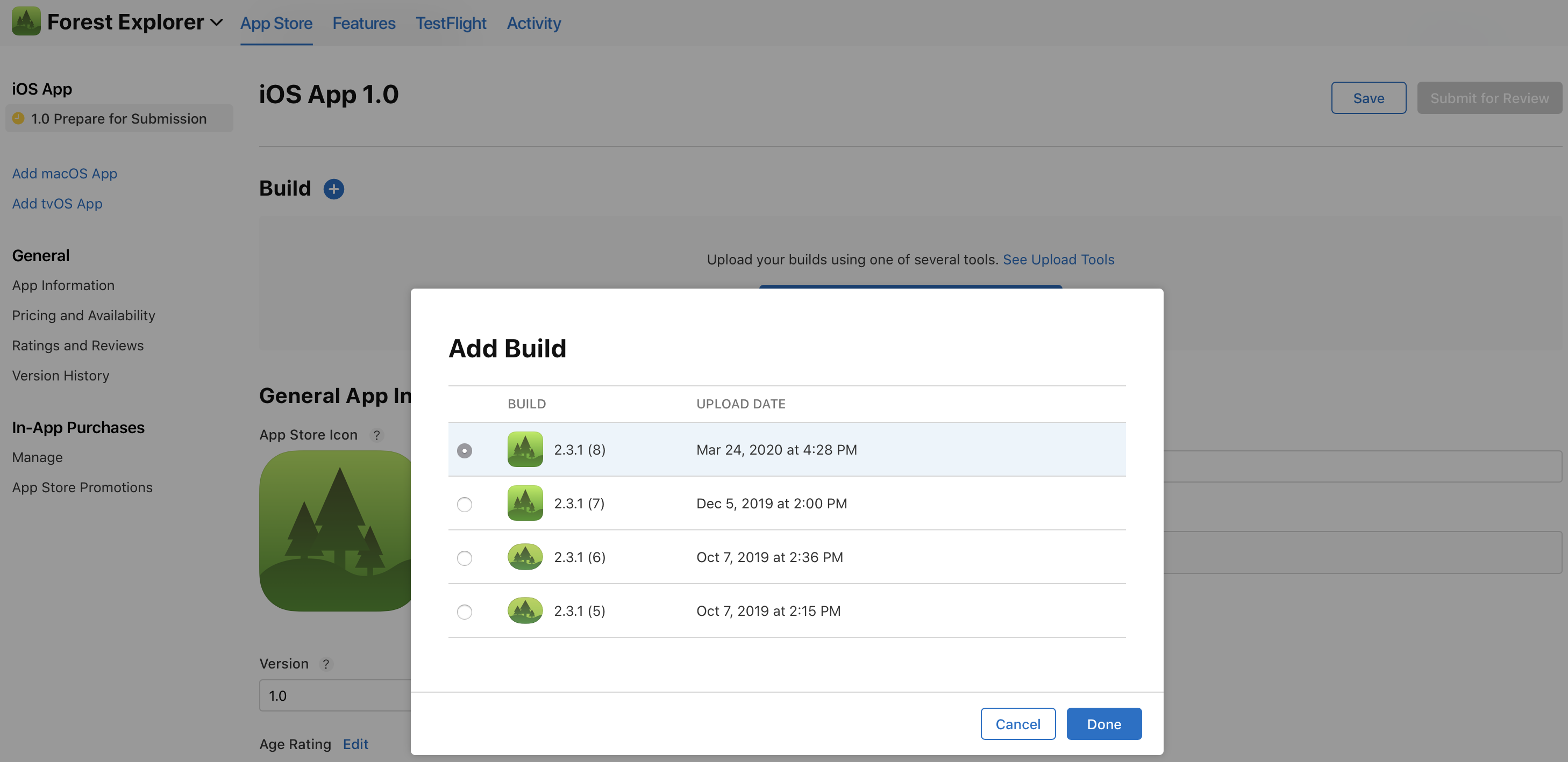 The Add Build dialog on the iOS platform detail page lists selectable builds, with "Cancel" and "Done" buttons located at the bottom right.