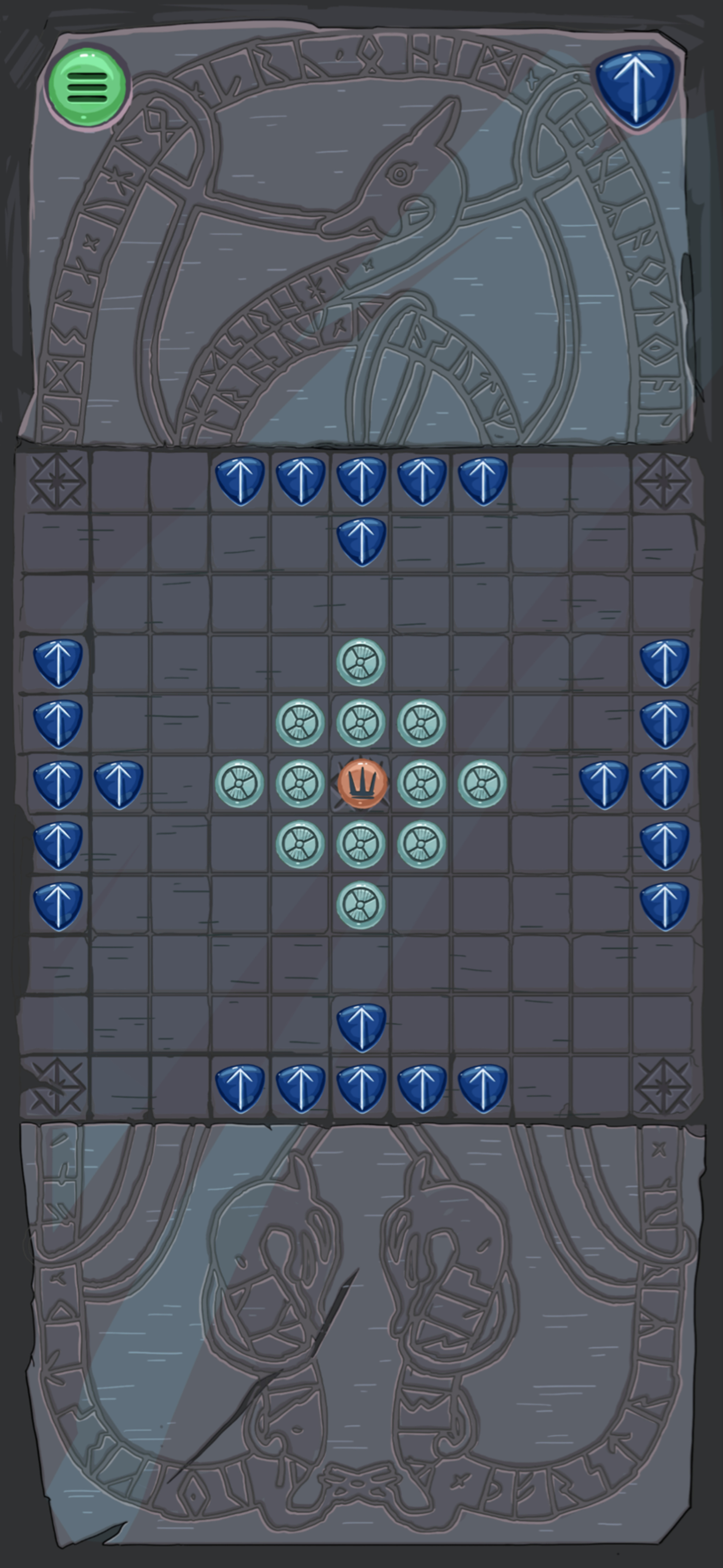 A screenshot of the game Hnefatafl, showing a game board set on a carved-stone board. Atop the game board are various game pieces in dark blue, light green, and orange. 