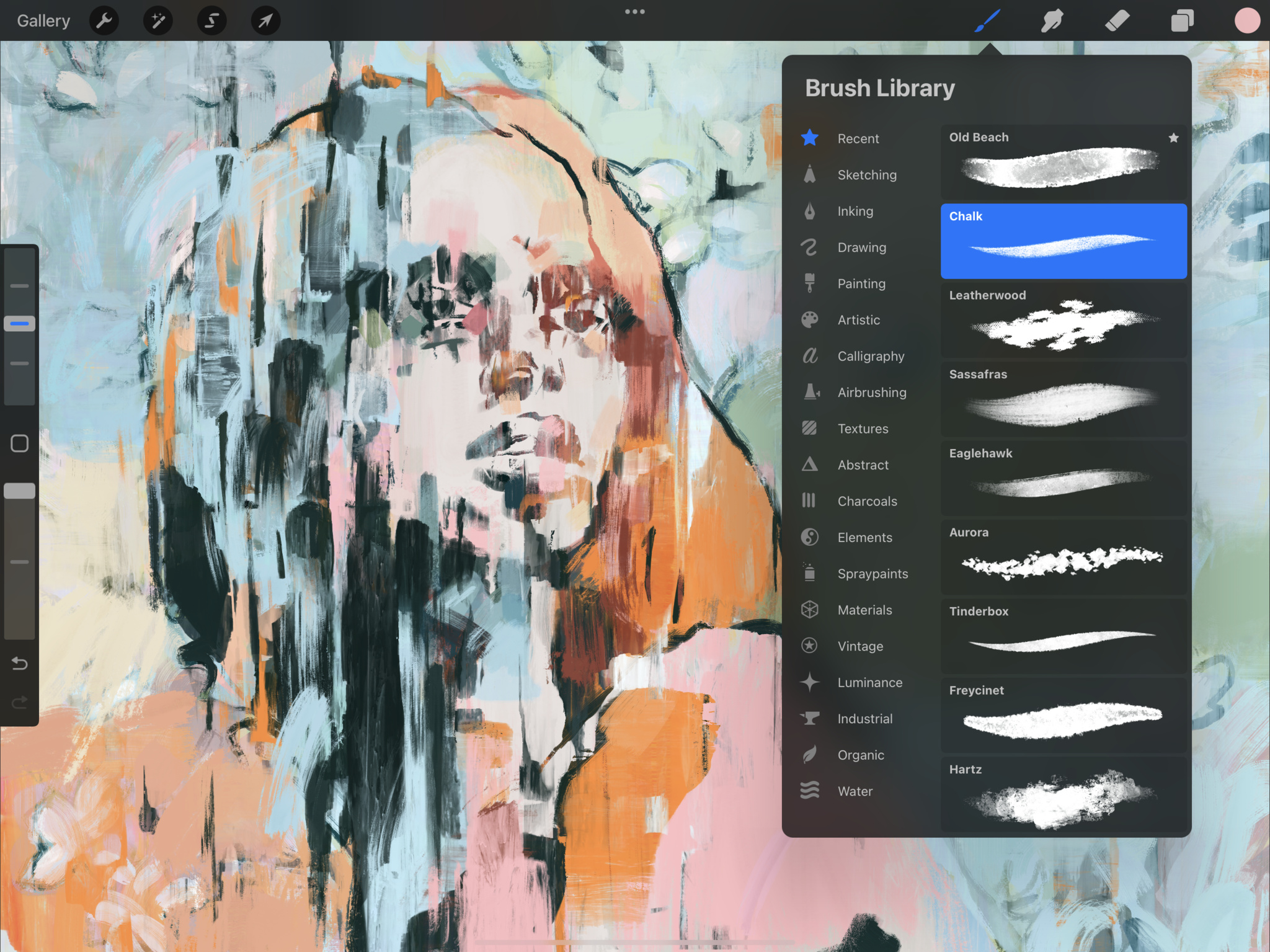 A screenshot of the app’s brush library, which offers something for artists of all stripes.