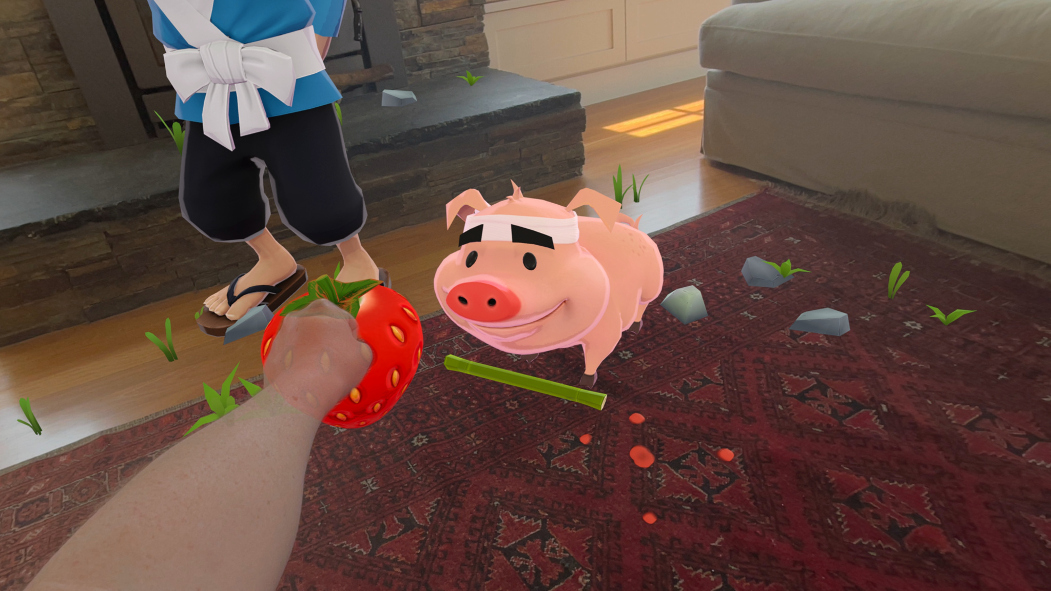 A player gives a strawberry to one of Super Fruit Ninja’s characters: a pig named Truffles. The scene takes place in a living room, and Sensei stands in the background next to a fireplace.