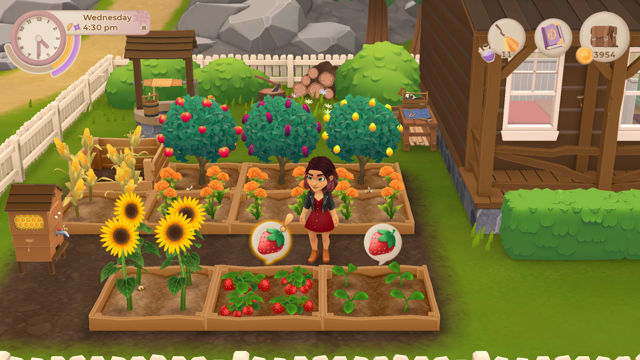 A screenshot of Wylde Flowers’ main character, Tara, standing in her garden. 	