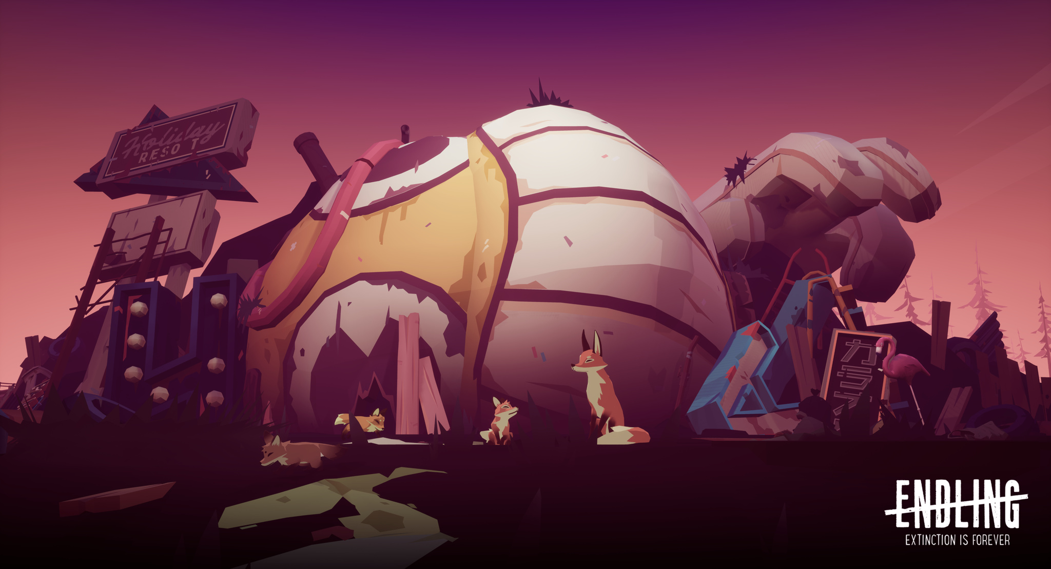 A screenshot of Endling in which the main fox character sits with its kits outside a makeshift shelter.