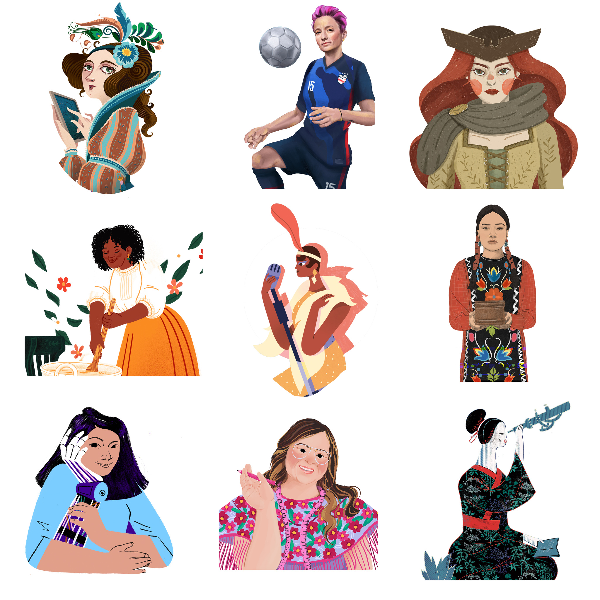 A collage of illustrations of nine women featured in the Rebel Girls app: Ada Lovelace, Megan Rapinoe, Grace O’Malley, Madam C.J. Walker, Josephine Baker, Autumn Peltier, Yoky Matsouka, Isabella Springmuhl Tejada, and Wang Zhenyi.