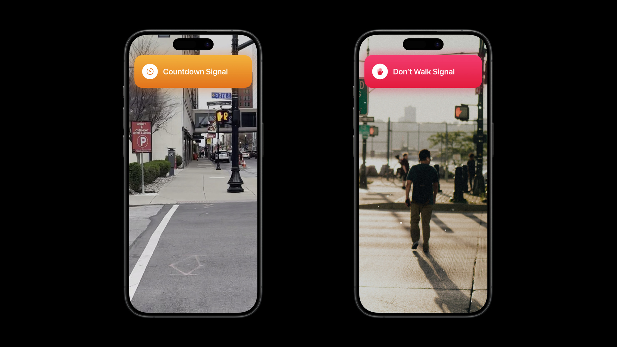 Screenshots of the app Oko, which show a live camera view of a street crossing with text that says “Countdown signal” and “Don’t walk signal” over the image.