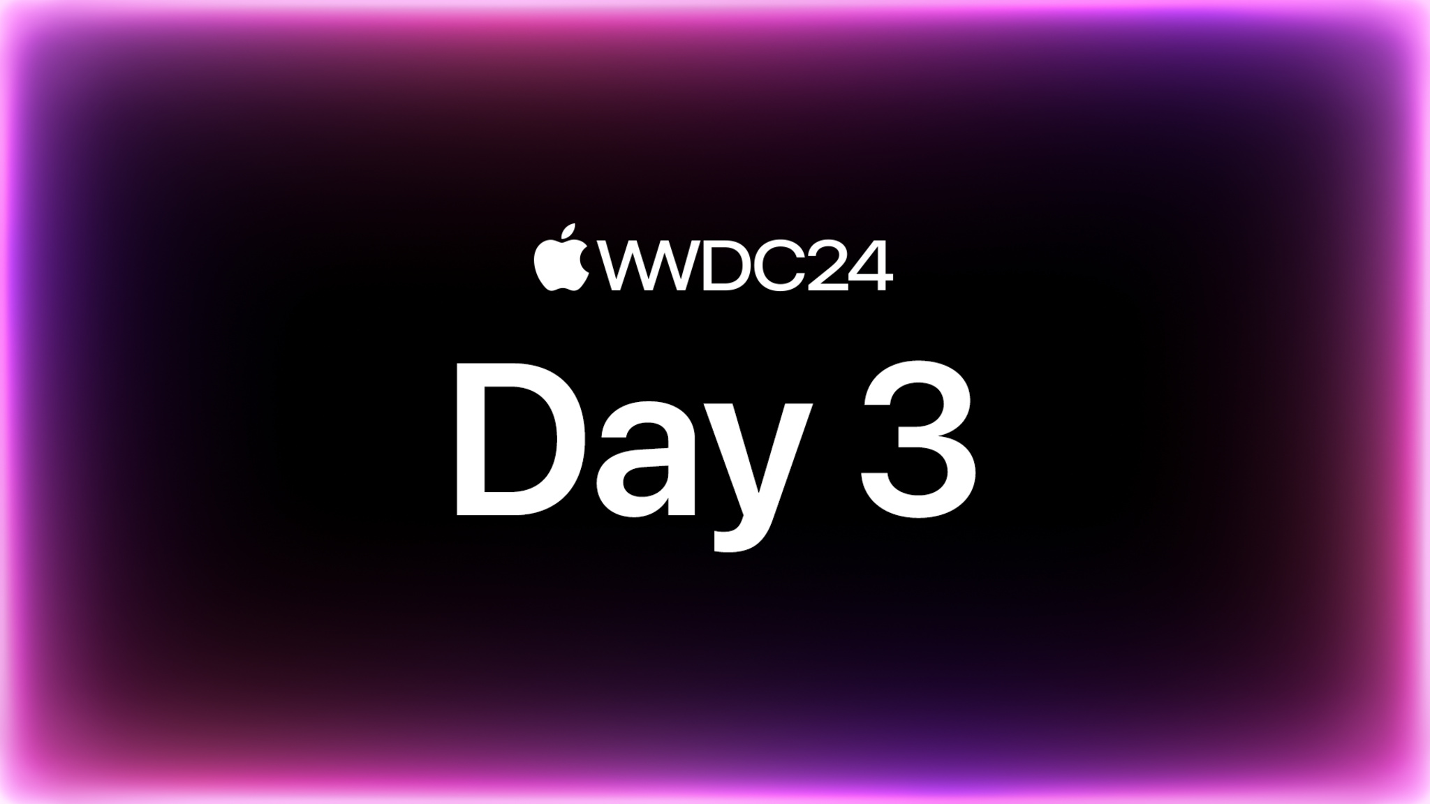 빛나는 보라색 테두리가 있는 검은색 배경에 표시된 ‘WWDC24: Day 3’ 텍스트.