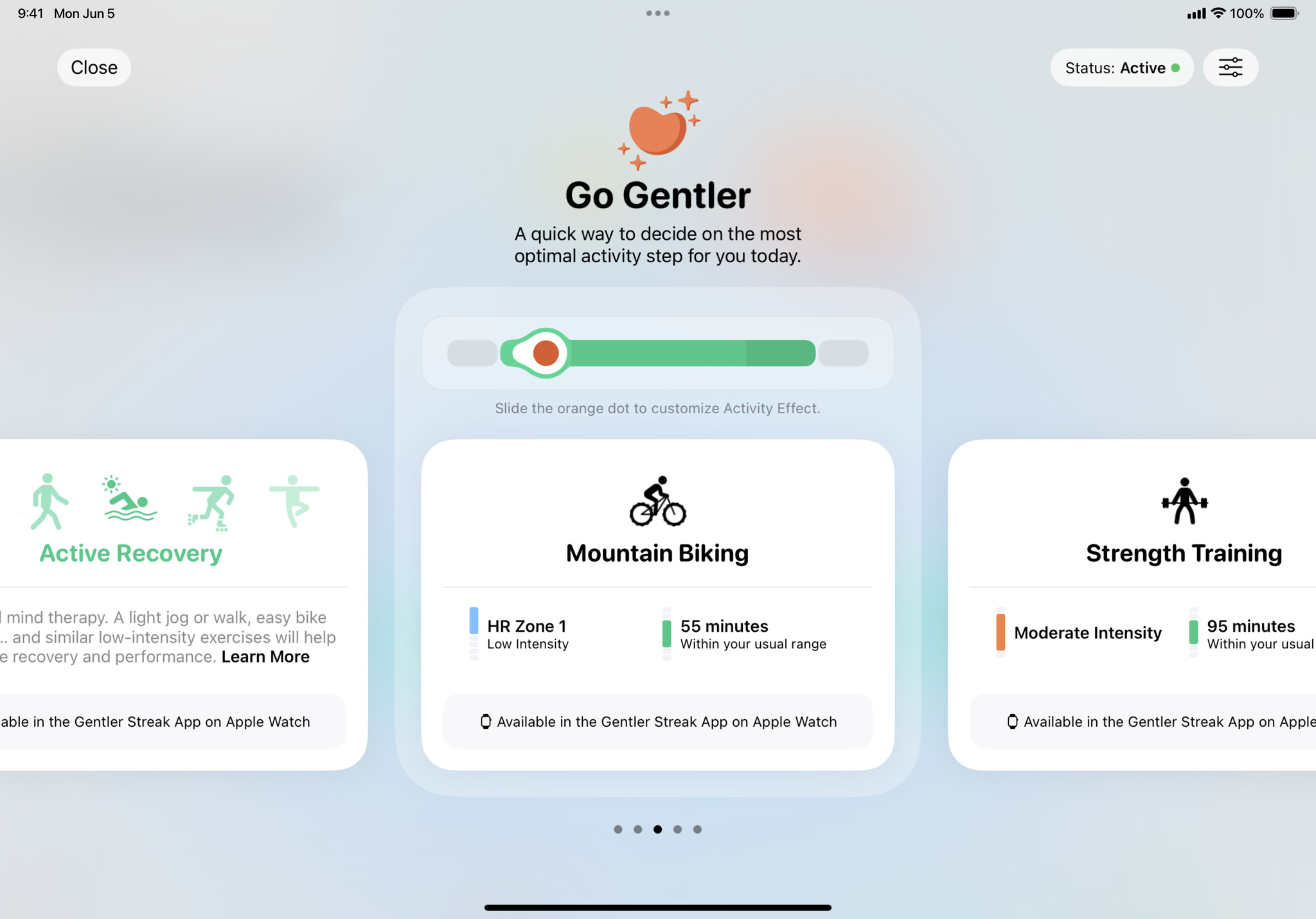 A screenshot of Gentler Streak’s “Go Gentler” page, which suggests optimal workouts for a user’s day.