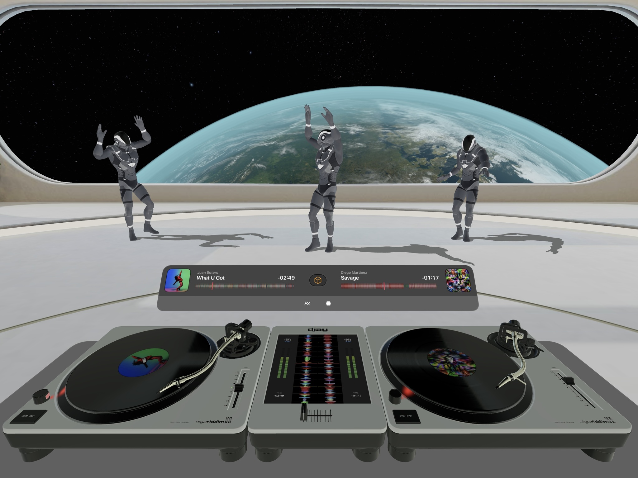 A screenshot from the app djay, which shows a set of two turntables and assorted controls in an immersive environment that resembles a space lounge with a huge window overlooking the Earth. Inside the room, three robots are seen dancing along to the beat. 