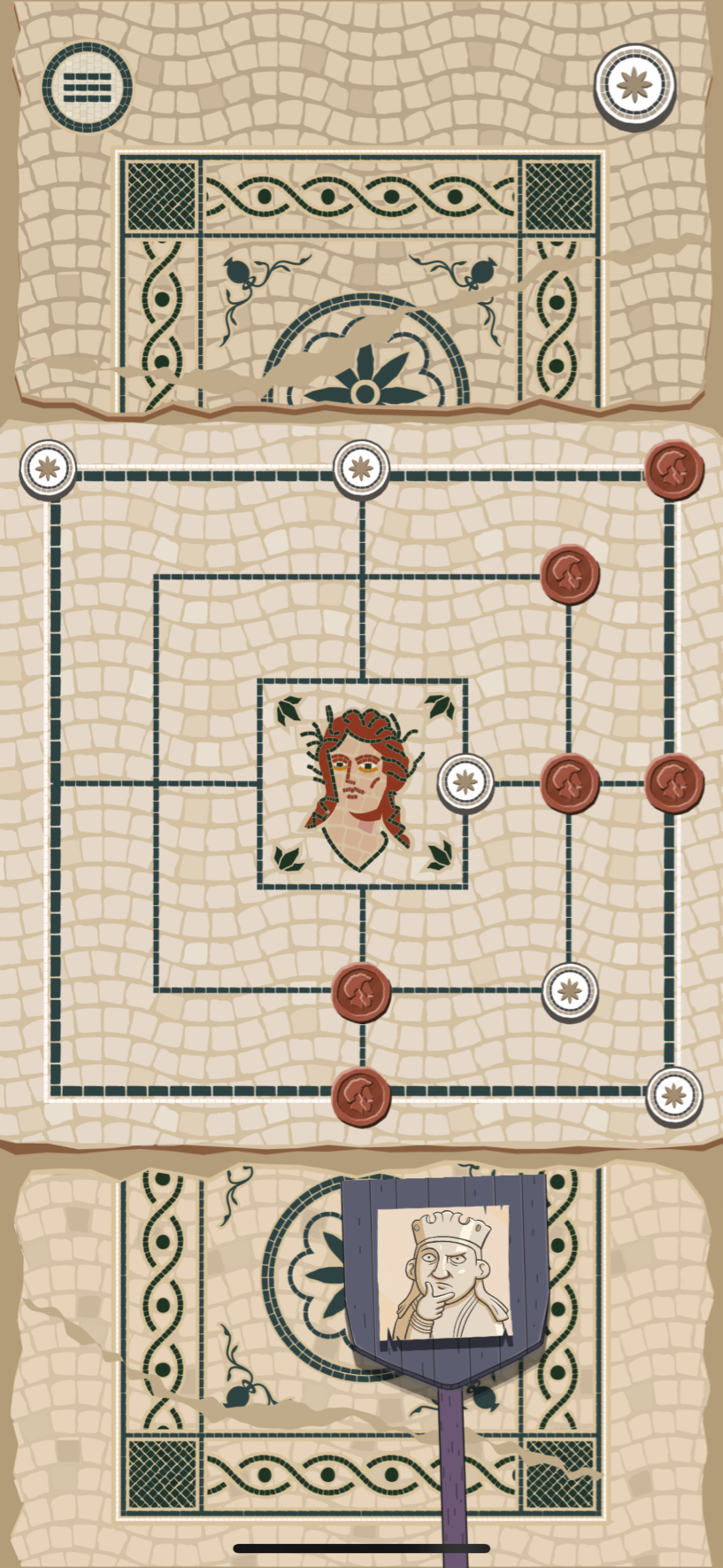 A screenshot of the game board for Nine Men’s Morris. The board and background resemble mosaics, while the game pieces are circular in shape and dark red in color.