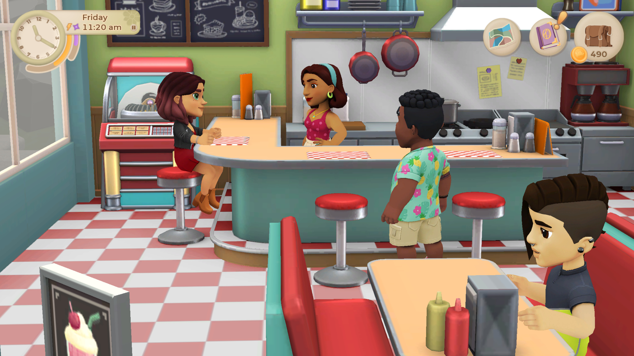 A screenshot of a scene set in a diner.