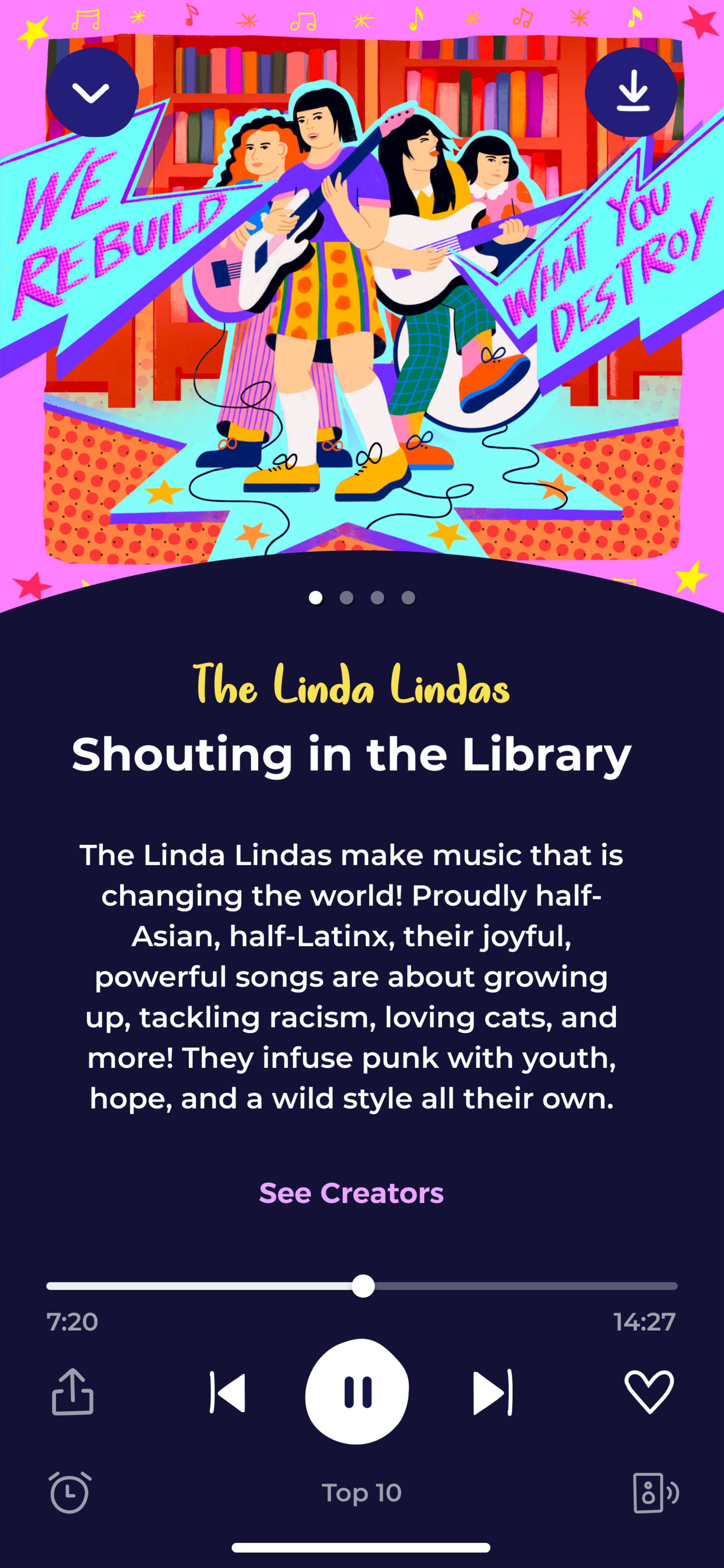 A screenshot from the Rebel Girls app of a story on young punk band the Linda Lindas.